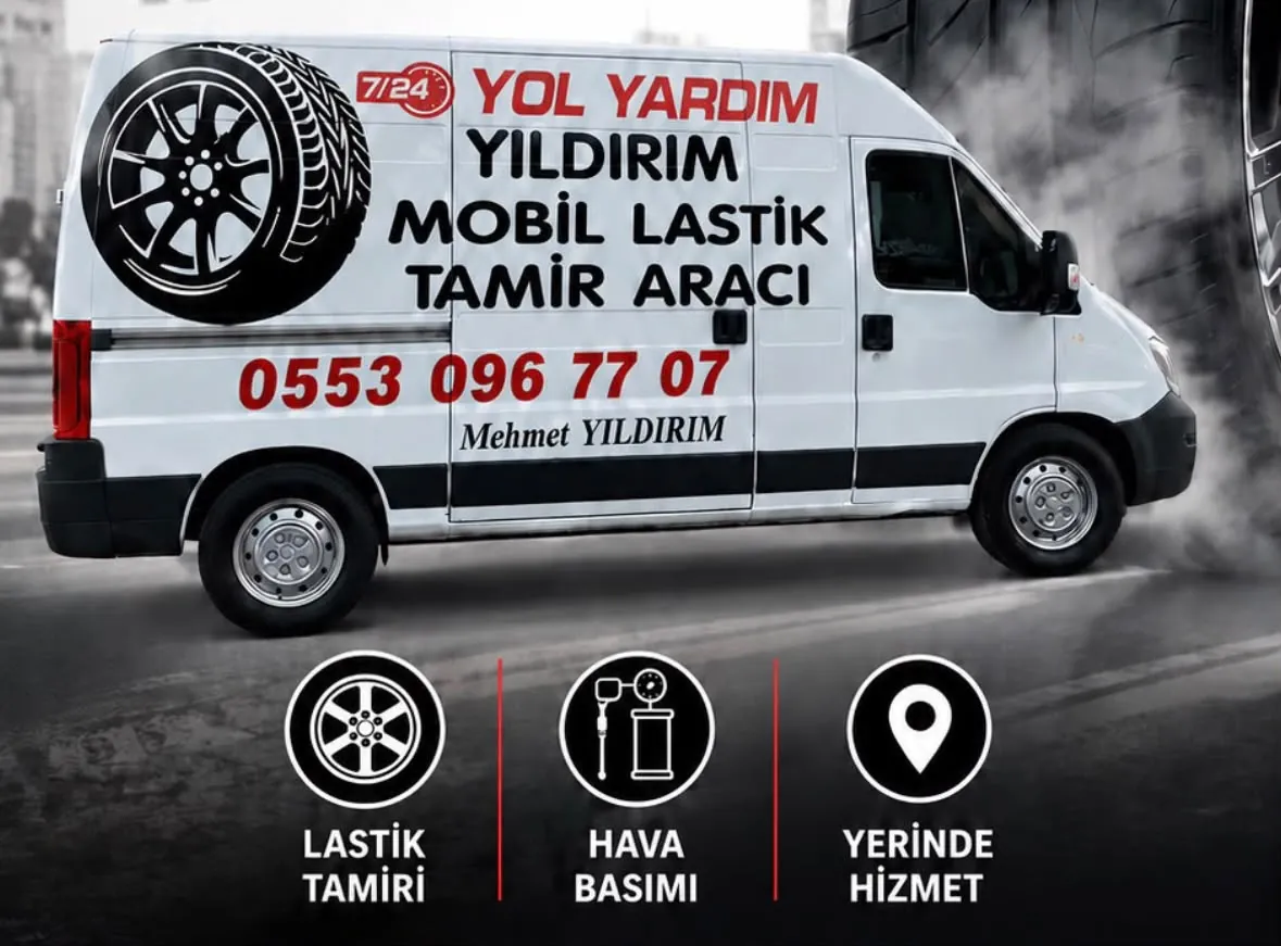 Servis aracı afişi: 7/24 Yol Yardım yazılı beyaz panelvan; altında lastik tamiri, hava basımı ve yerinde hizmet simgeleri
